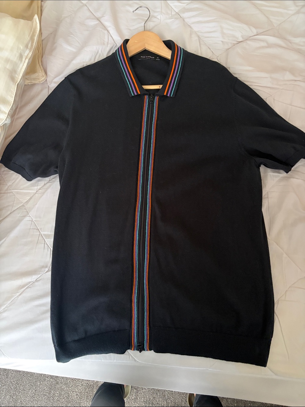 Paul Fredrick Black Zip Polo with Multicolor Stripe Trim